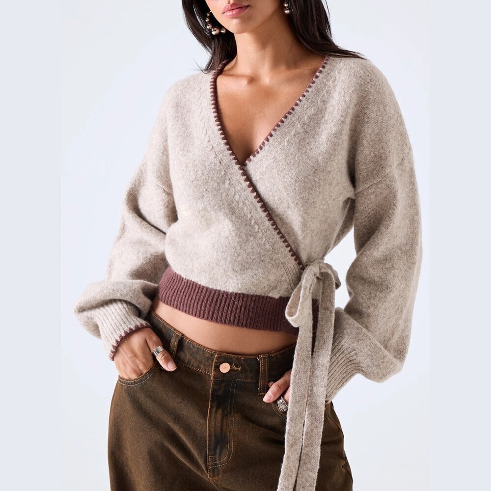 Oatmeal Whipstitch Trim Wrap Tie Waist Cropped Cardigan Sweater
